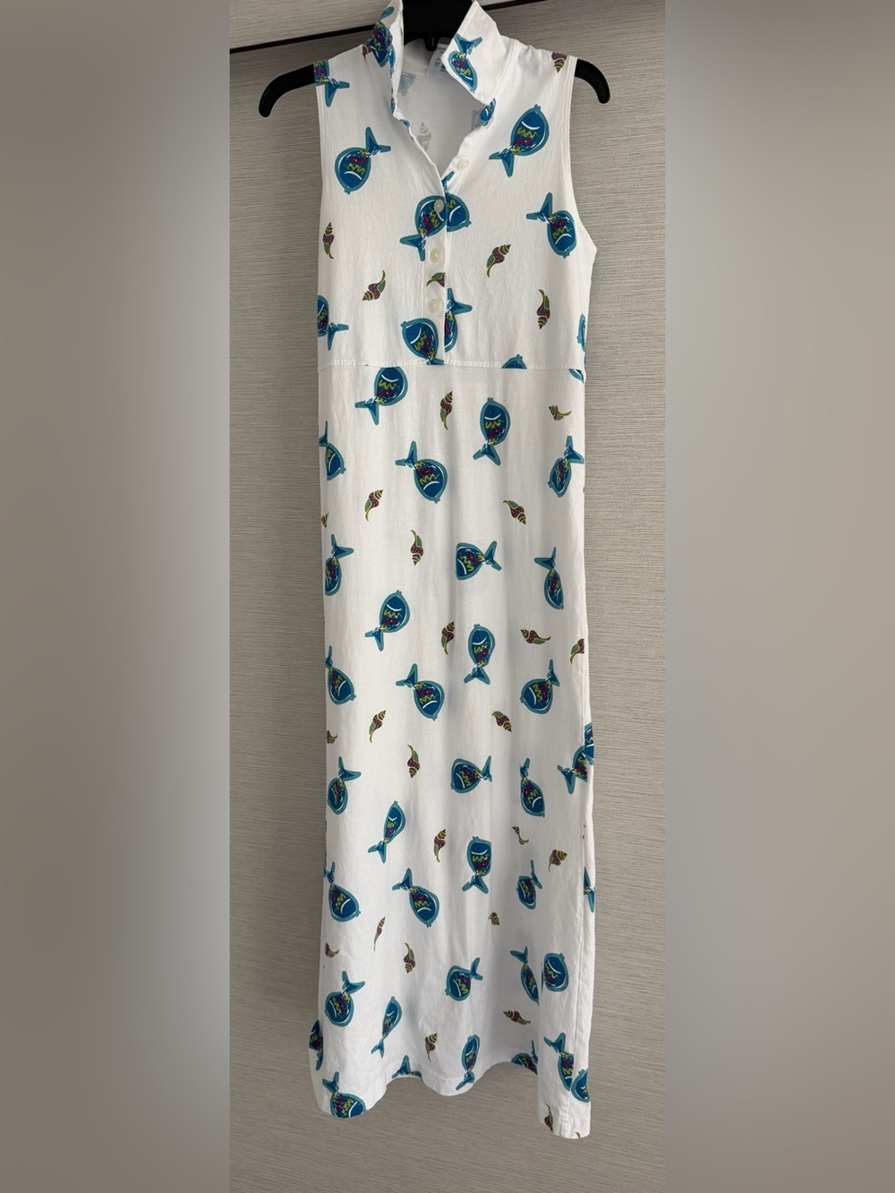 Sleeveless White Maxi Dress with Blue Fish Print